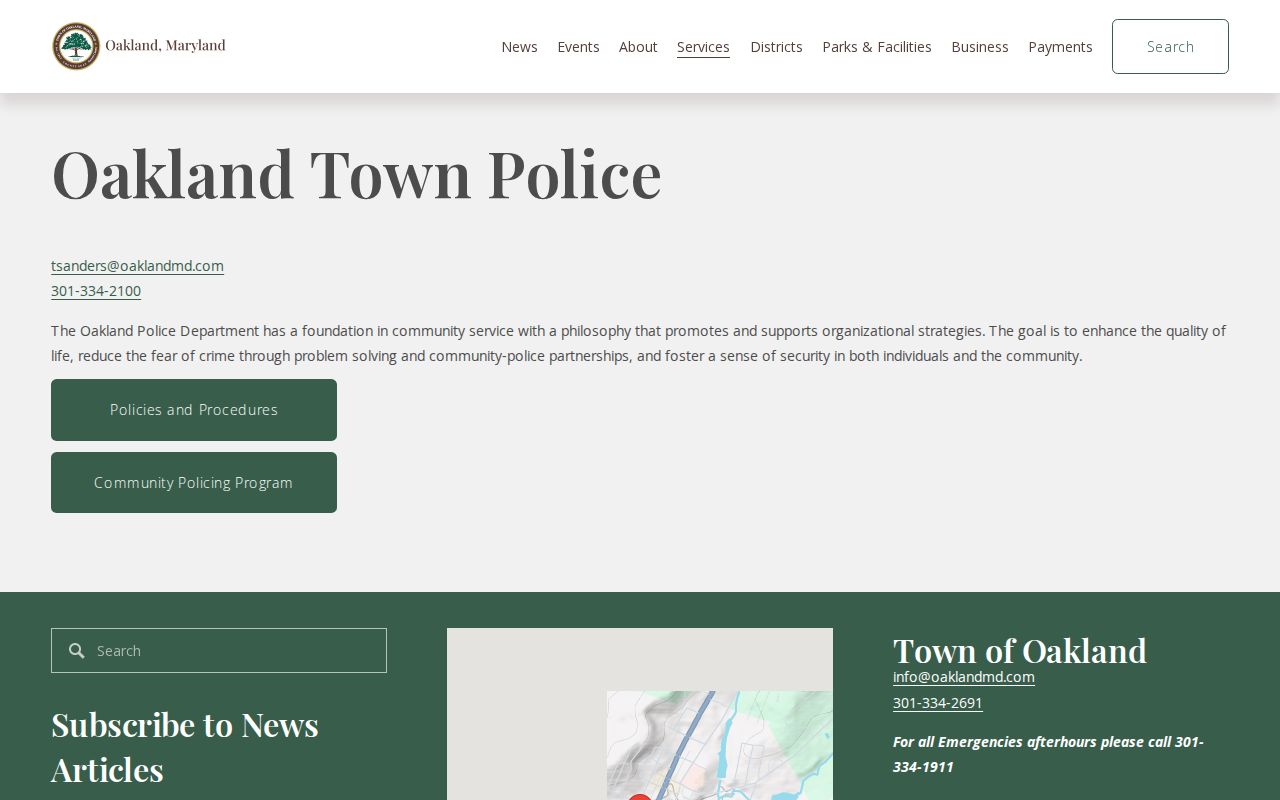 Oakland Police contact page for Oakland warrant questions in Garrett County