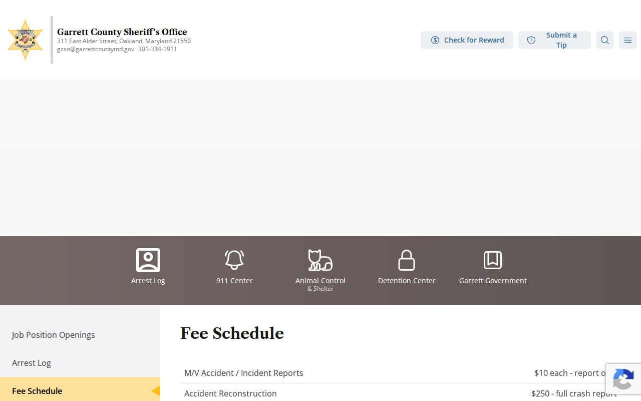 Garrett County sheriff records-related fee schedule with no warrant search fee listed