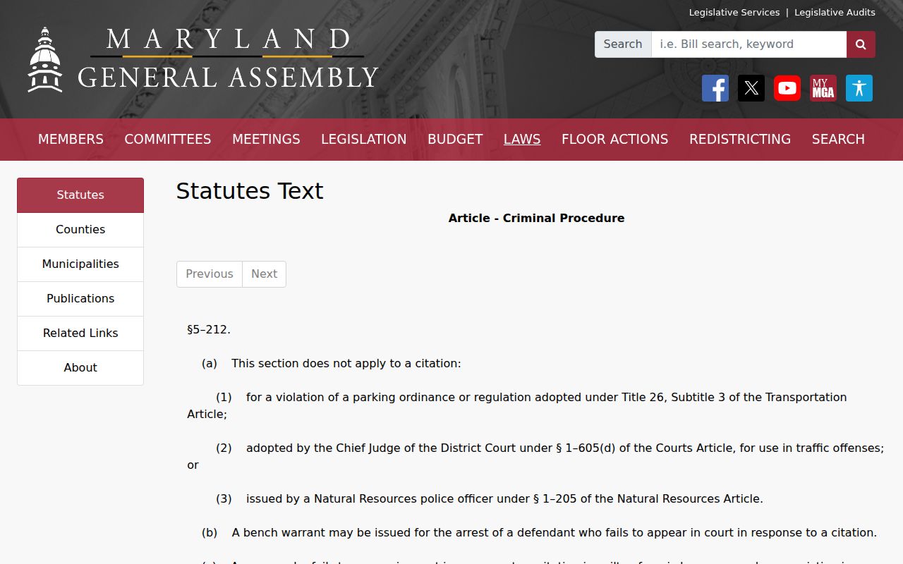 Maryland statute page on traffic failure to appear and Garrett County bench warrant issuance
