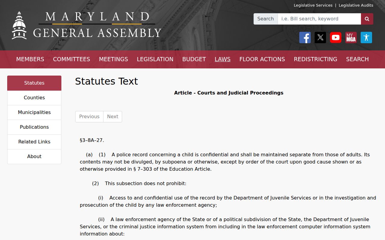 Maryland statute page on juvenile record confidentiality for Garrett County warrant records