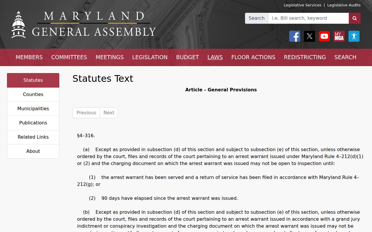 Maryland statute page on public access to Garrett County warrant records