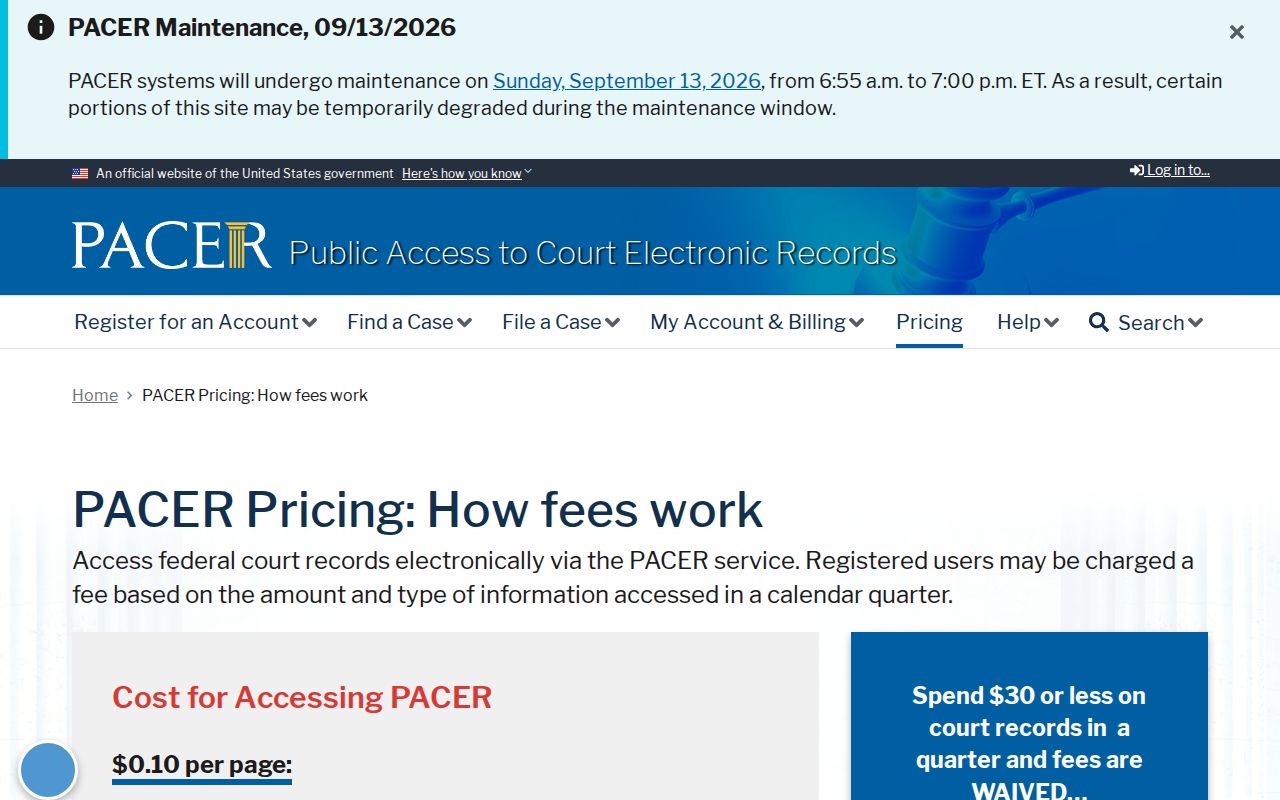 PACER registration page for federal arrest warrant records tied to Garrett County