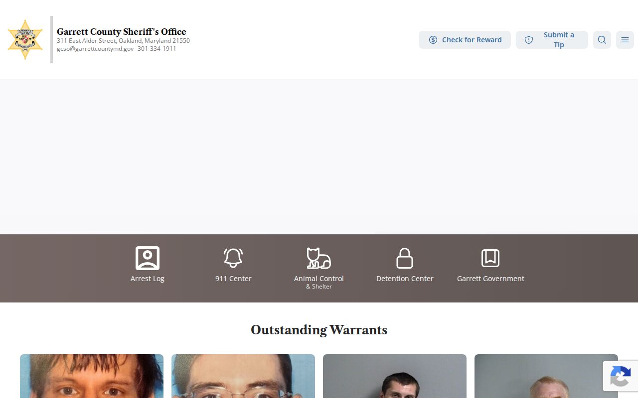 Garrett County sheriff homepage framed on the Outstanding Warrants heading and tip controls
